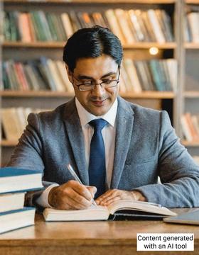A man in glasses and a suit sits at a library table, writing in a book with additional books stacked nearby. Bookshelves filled with books are visible in the background. Text overlay reads, Content generated with an AI tool.